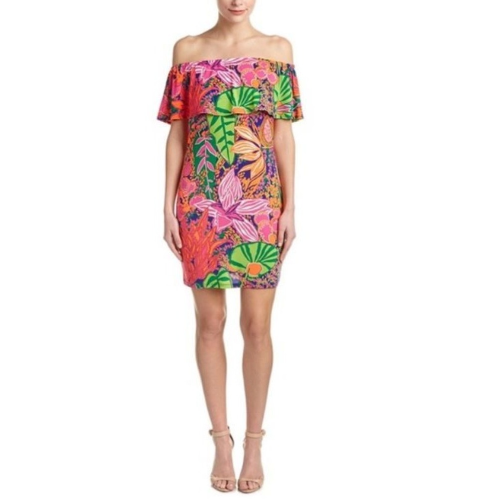 Trina Turk Merci Tropical Floral Off Shoulder Ruffle Mini Dress